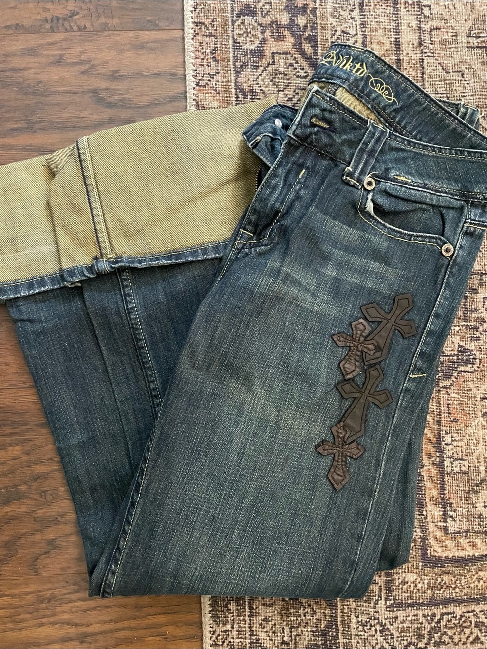 Adiktd Dark Wash Jeans with Brown Cross Embroidery